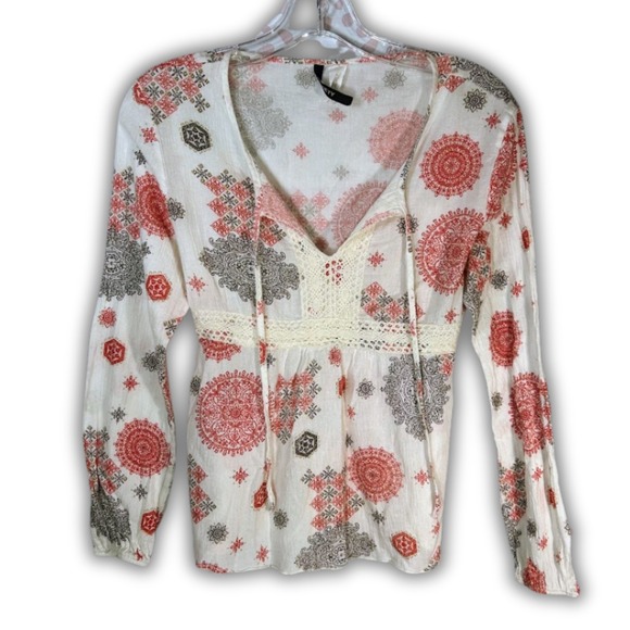 Anxiety Cafe Tops - Vintage Y2K‎ Geometric White Babydoll Crochet M Fairy Whimsigoth Long Sleeve Top